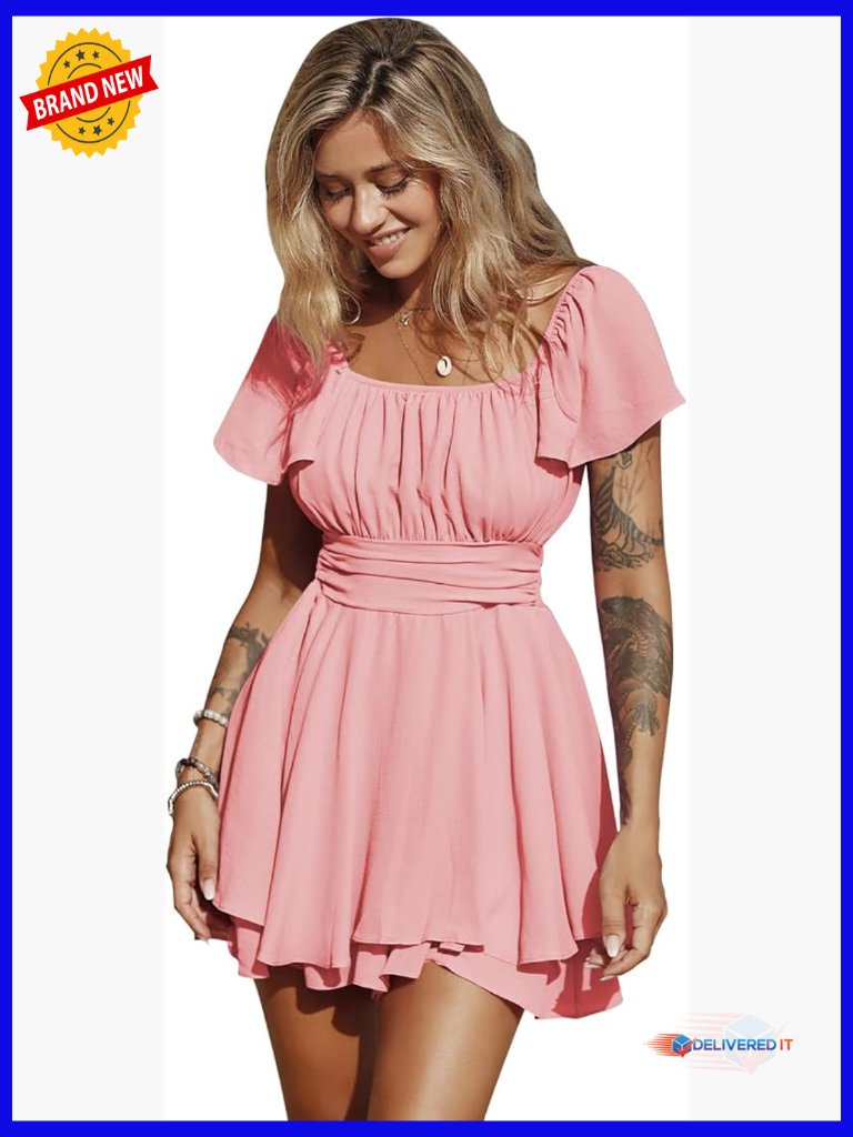 Square Neck Ruffle Sleeve Tie Back Romper Jumpsuit